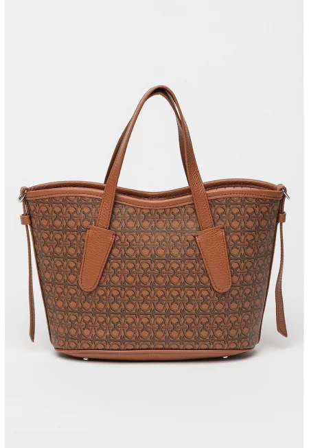 Кожена шопинг чанта с принт и отделяща се презрамка - Карамел