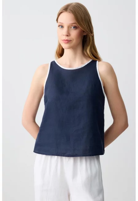 Ленен топ с контрасти - Бял/Тъмносин