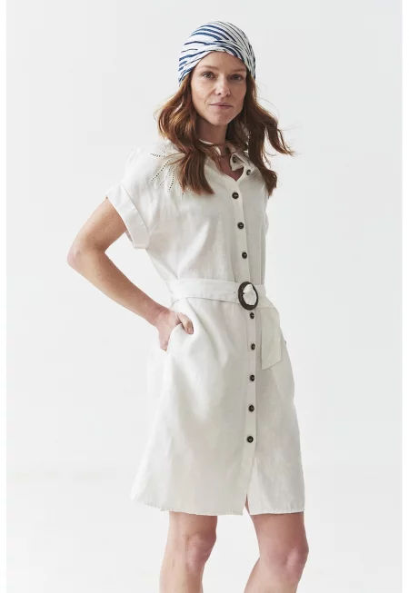 Ленена рокля-риза с къси ръкави - Бял