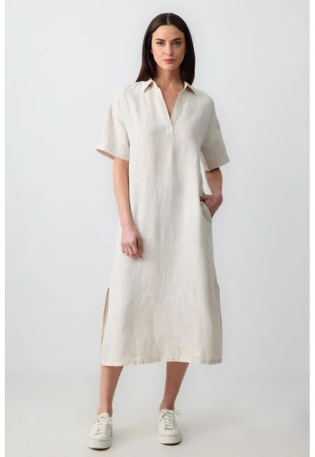 Ленена рокля с цепки встрани - Светло сив