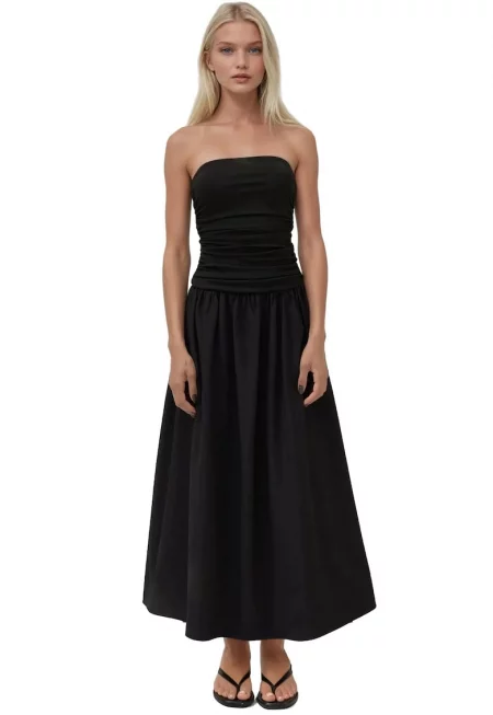 Макси рокля -  без презрамки - детайл с волан - черна - текстил