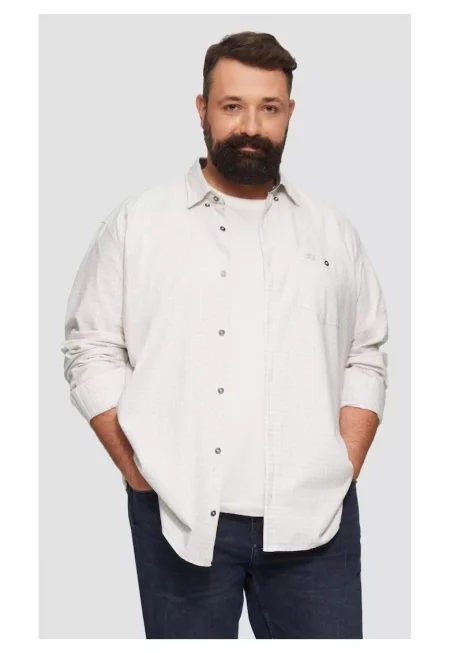 Мъжка риза големи размери - с дълъг ръкав и кариран принт - Regular fit - Бял