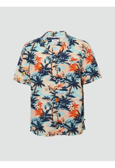 Мъжка риза с къс ръкав  с тропически принт - стандартна кройка - Многоцветен