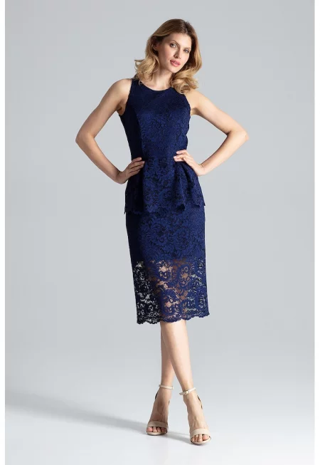 Миди рокля -  дантела - тъмносиньо - полиестер -