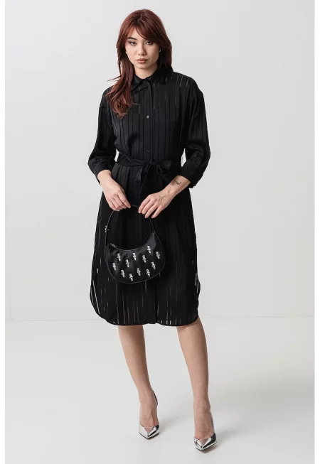 Миди рокля-риза с колан - Черен