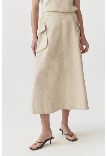 Пола с лен Koni с пришити джобове - Бежов