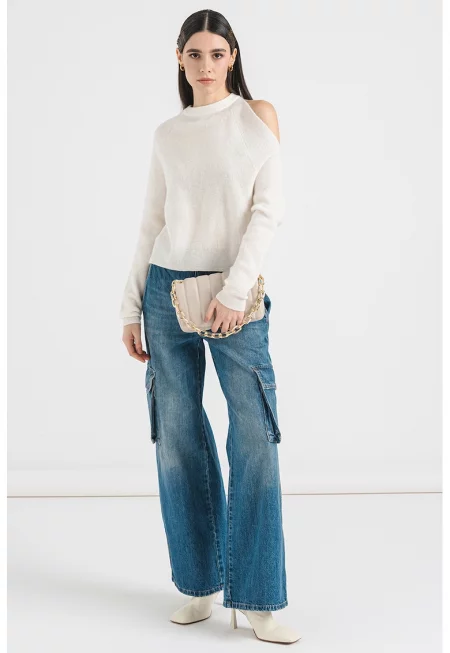 Пуловер с вълна и отвори на раменете - Слонова кост