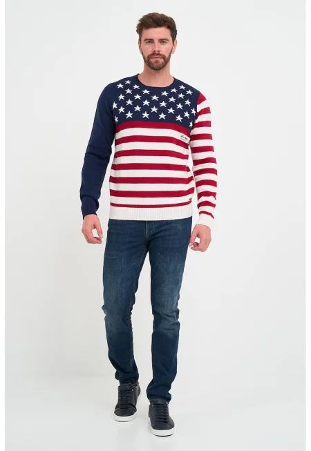 Пуловер с вълна и принт - Червен/Тъмносин/Мръснобял