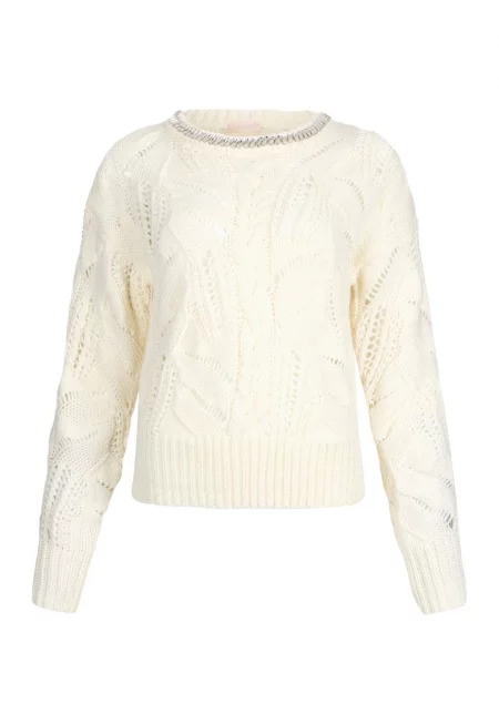 Пуловер с вълна с ажур - Бял