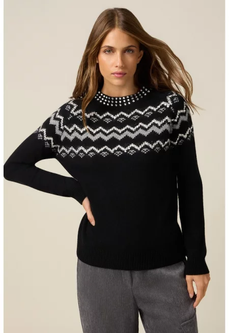 Пуловер с вълна с декоративни камъни - Черен/Светло сив