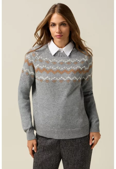 Пуловер с вълна с декоративни камъни - Светло сив