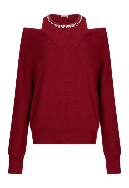 Пуловер с вълна с отвори на раменете - Тъмночервен