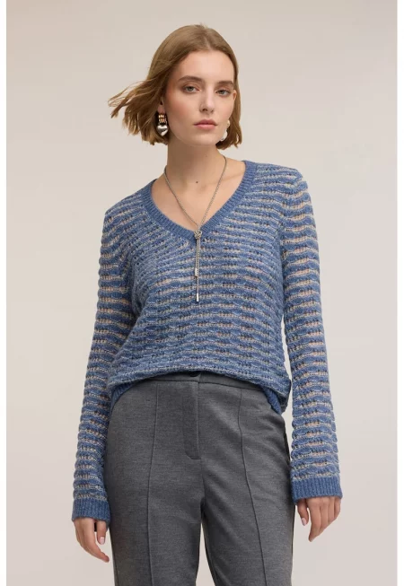 Раиран шпиц пуловер със свободна кройка - Прашно синьо