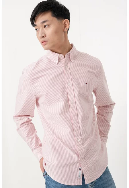 Раирана слим риза - Червен/Мръснобял