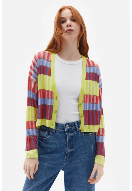 Раирана жилетка с паднали ръкави - Пастелносин/Тъмночервен/Шам фъстък зелено