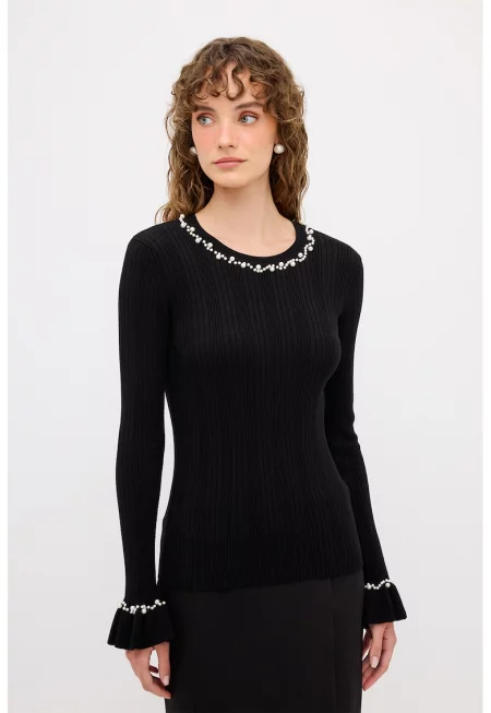 Рипсена блуза с мъниста - Бял/Черен