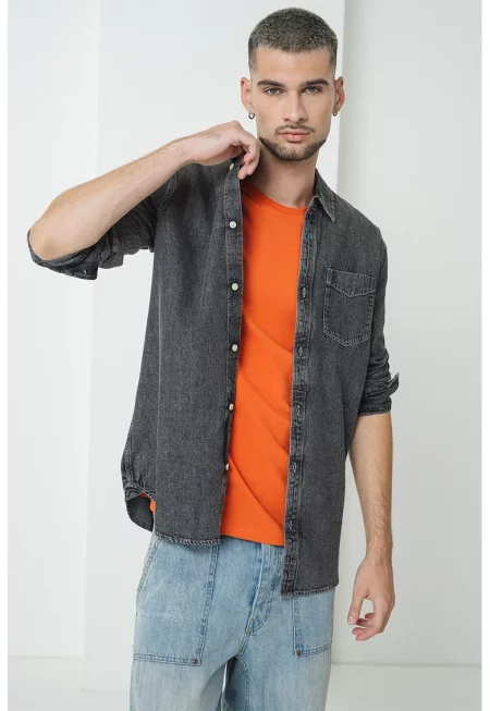 Риза от деним с джоб на гърдите - Черен меланж