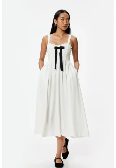 Рокля с лен и джобове встрани - Бял/Черен