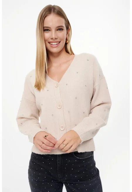 Шпиц жилетка с декоративни камъни - Сребрист/Светло бежово