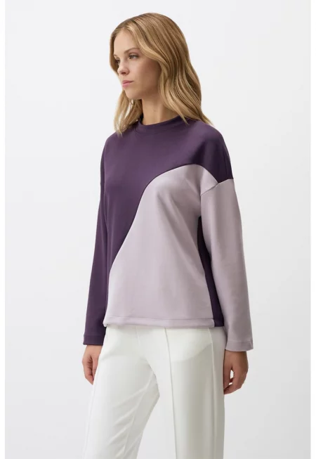 Суитшърт с модал с овално деколте - Тъмновиолетов/Бледа лила