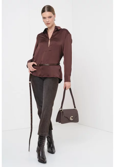 Свободна блуза с лого - Кафяв