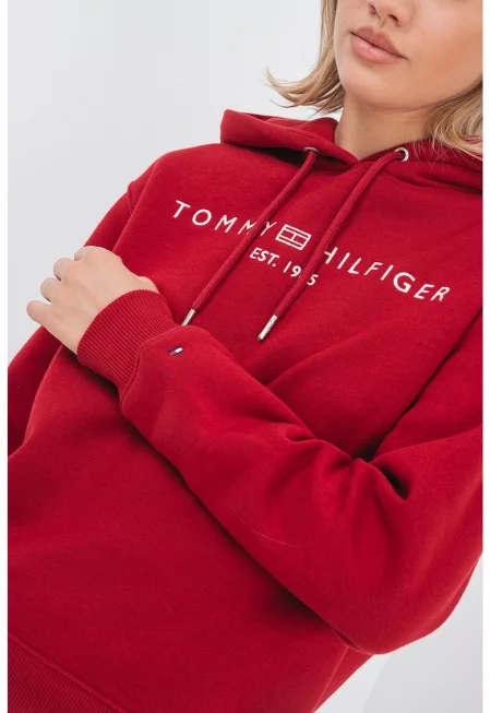 Свободно худи с връзка и бродирано лого - Червен