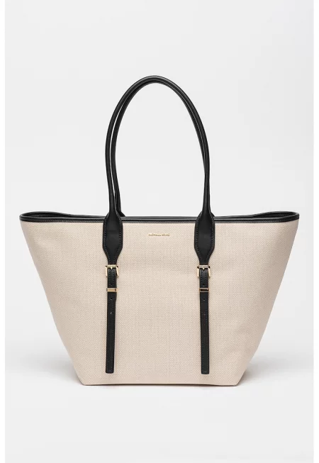 Текстилна чанта за рамо с лого - Черен/Крем