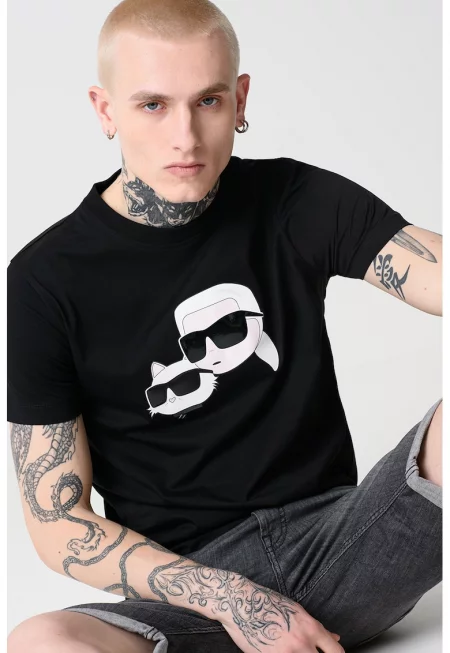 Тениска с овално деколте и лого - Черен/Мръснобял