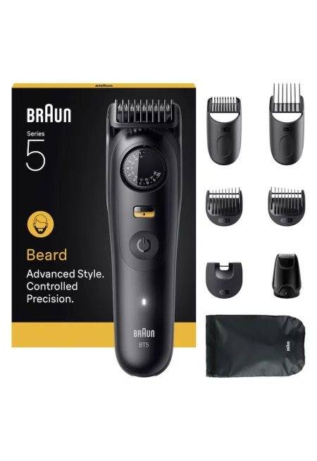 Тример за брада  Beard Trimmer Seria 5 BT5560 - Остро ножче - 5 гребена - 1 мини бръсн глава - 1 чанта - 1 четка за почиств - 40 настр за дълж - Авт.120 мин  ...