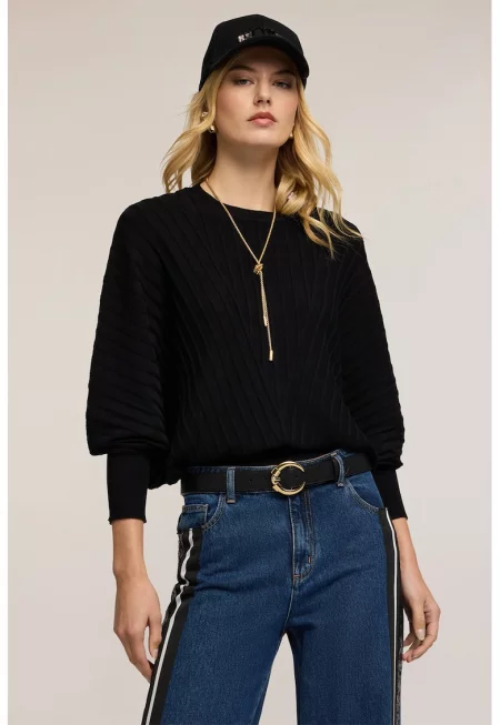 Уголемен пуловер с рипс - Черен