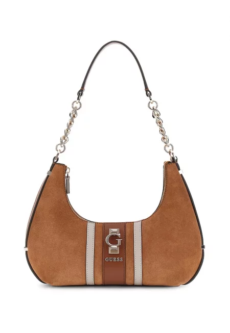 Велурена ръчна чанта с лого - Карамел