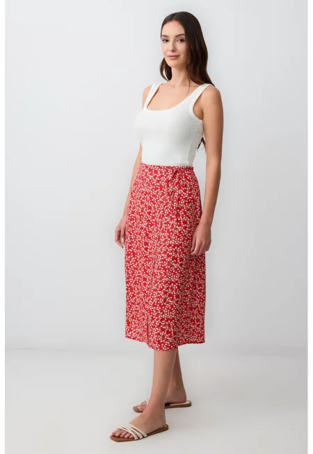 Застъпена миди пола - Червен/Слонова кост