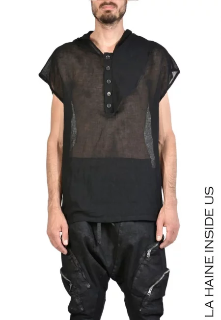 Асиметрична лятна тениска без ръкави - леко прозрачна - Черен