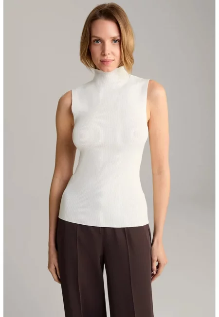 Блуза с висока яка без ръкави с метален детайл с лого на гърба - Крем