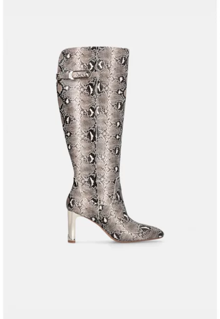 Ботуши от еко кожа до коляното със змийска шарка - Черен/Бежов