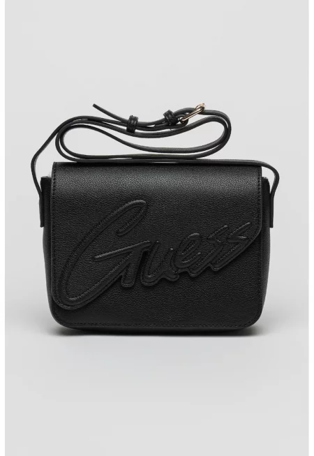 Чанта през рамо от еко кожа с релефно лого - Черен