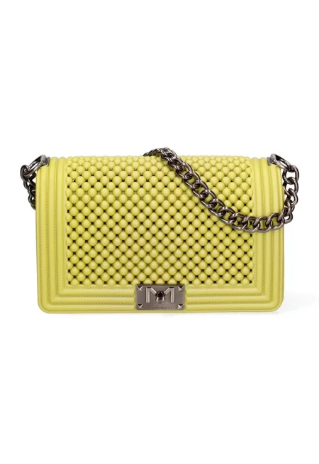 Чанта през рамо с дръжка тип верижка и капаче - Жълт/Сребрист