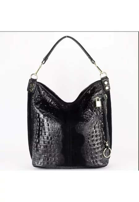 Черна чанта от естествена кожа с принт на влечуго 1915 M9 18085 - Черен