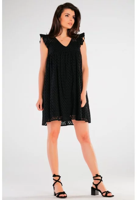 Черна къса рокля без ръкави от памук A433
