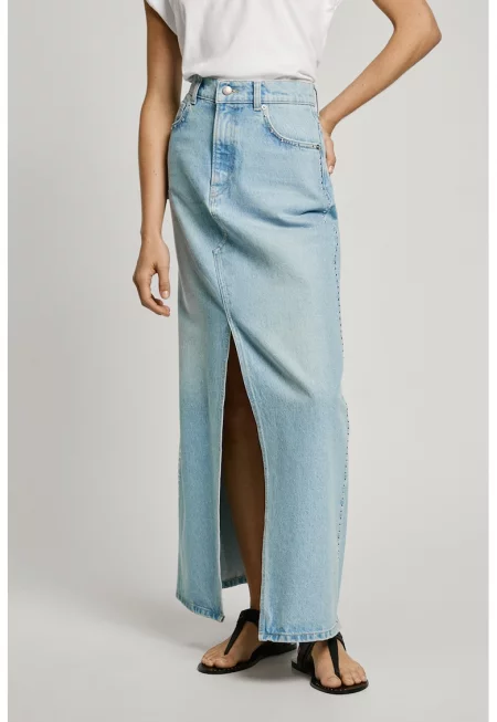 Дълга дънкова пола с цепка - Светлосин