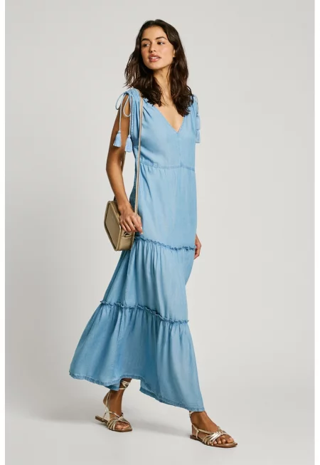 Дълга рокля с шпиц - Светлосин