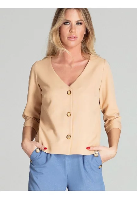 Дамска риза  бежова - 3/4 ръкав - изрезка елха - полиестер