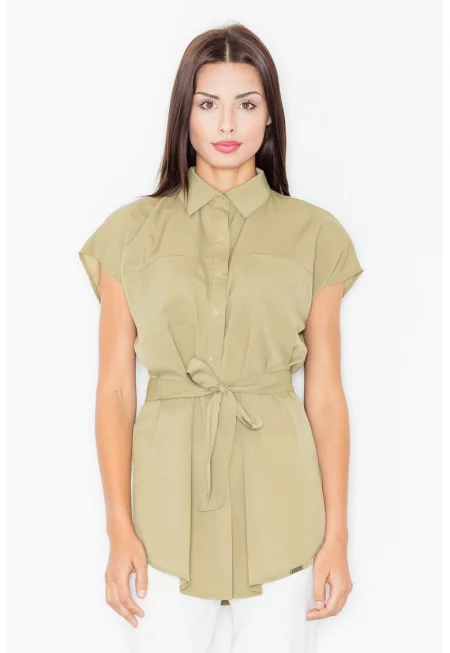 Дамска риза -  Полиестер/Еластан/Вискоза - Къс ръкав - Маслиненозелено -