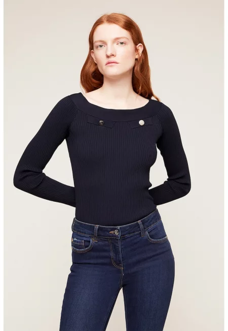 Фино плетен пуловер с деколте тип лодка - Тъмносин