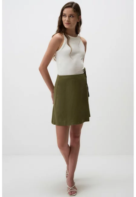 Къса пола с лен с висока талия - Каки
