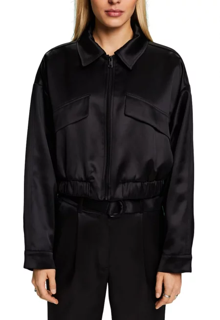 Късо яке бомбър със сатиниран ефект - Черен