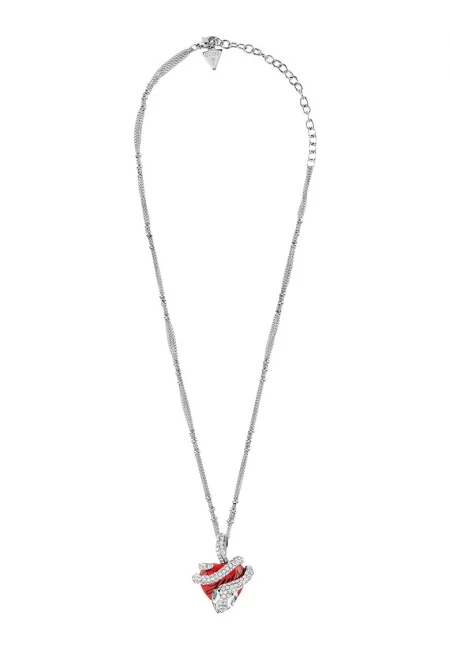 Колие от неръждаема стомана с висулка с кристали - Червен/Сребрист