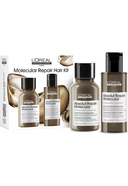 Комплект (Шампоан 100мл + Серум 75мл) Travel Size Duo L'Oréal Professionnel Serie Expert Absolut Repair Molecular - За увредена коса - С пептидни връзки и 5 аминокиселини  ...