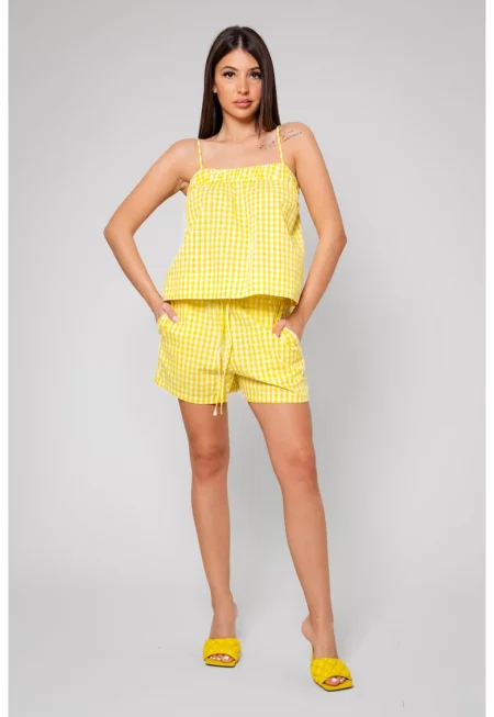 Комплект топ с презрамки и къси панталони Жълто/Бяло 12094