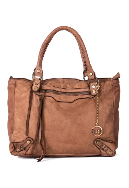 Кожена чанта с регулируема презрамка - Кафяв